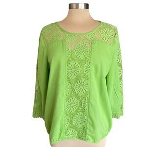 Vintage America Green Popover Top Size M Sheer Lace Yoke & Trim Cotton Casual